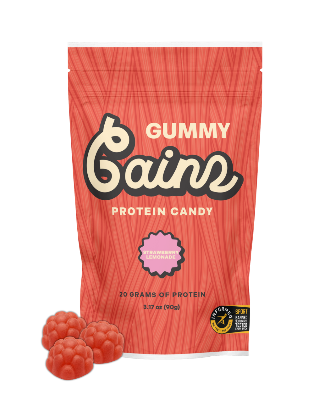 Gummy protein candy package with red and white design on a white background