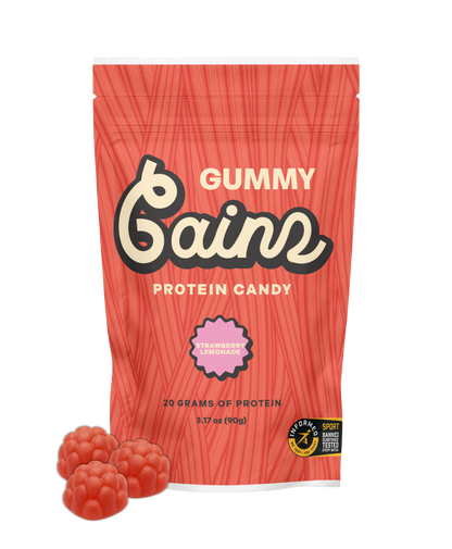 Gummy protein candy package with red and white design on a white background