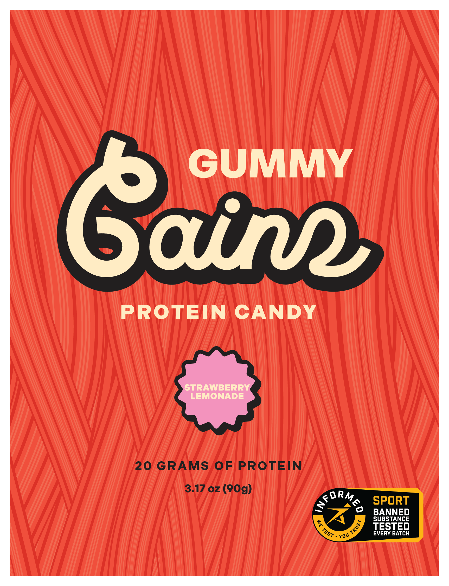 Gummy Gains protein candy packaging with red background and black text
