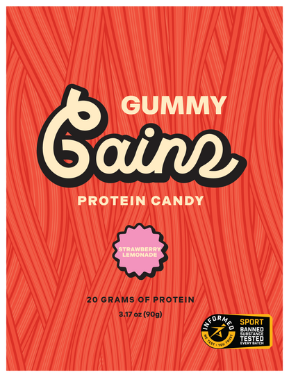 Gummy Gains protein candy packaging with red background and black text