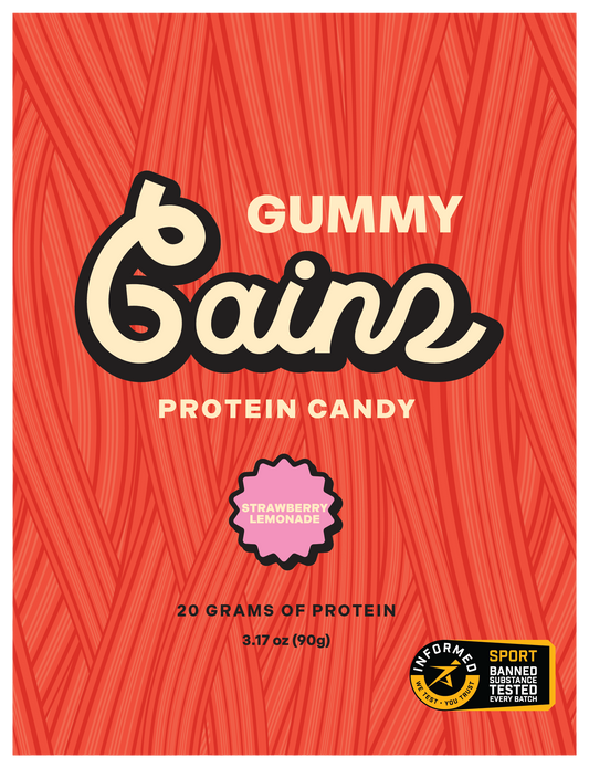 Gummy Gains protein candy packaging with red background and black text