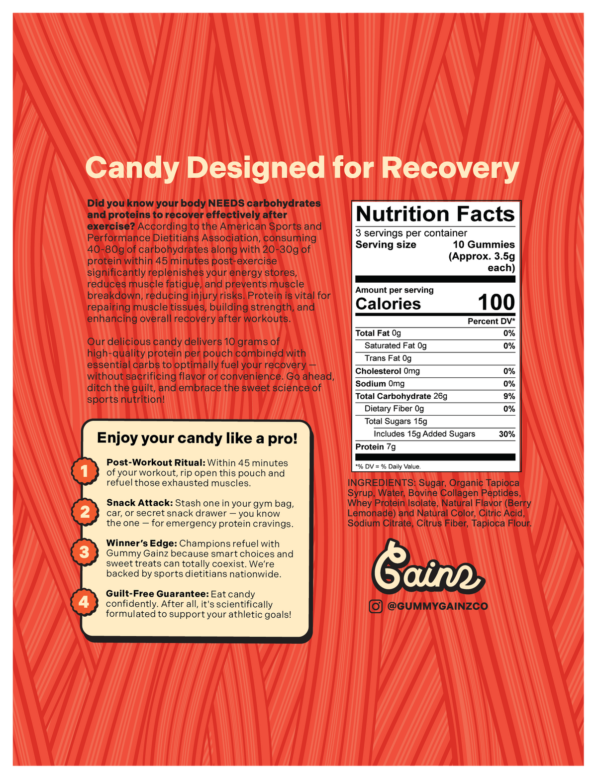 Candy packaging with nutritional information and recovery benefits on a red background