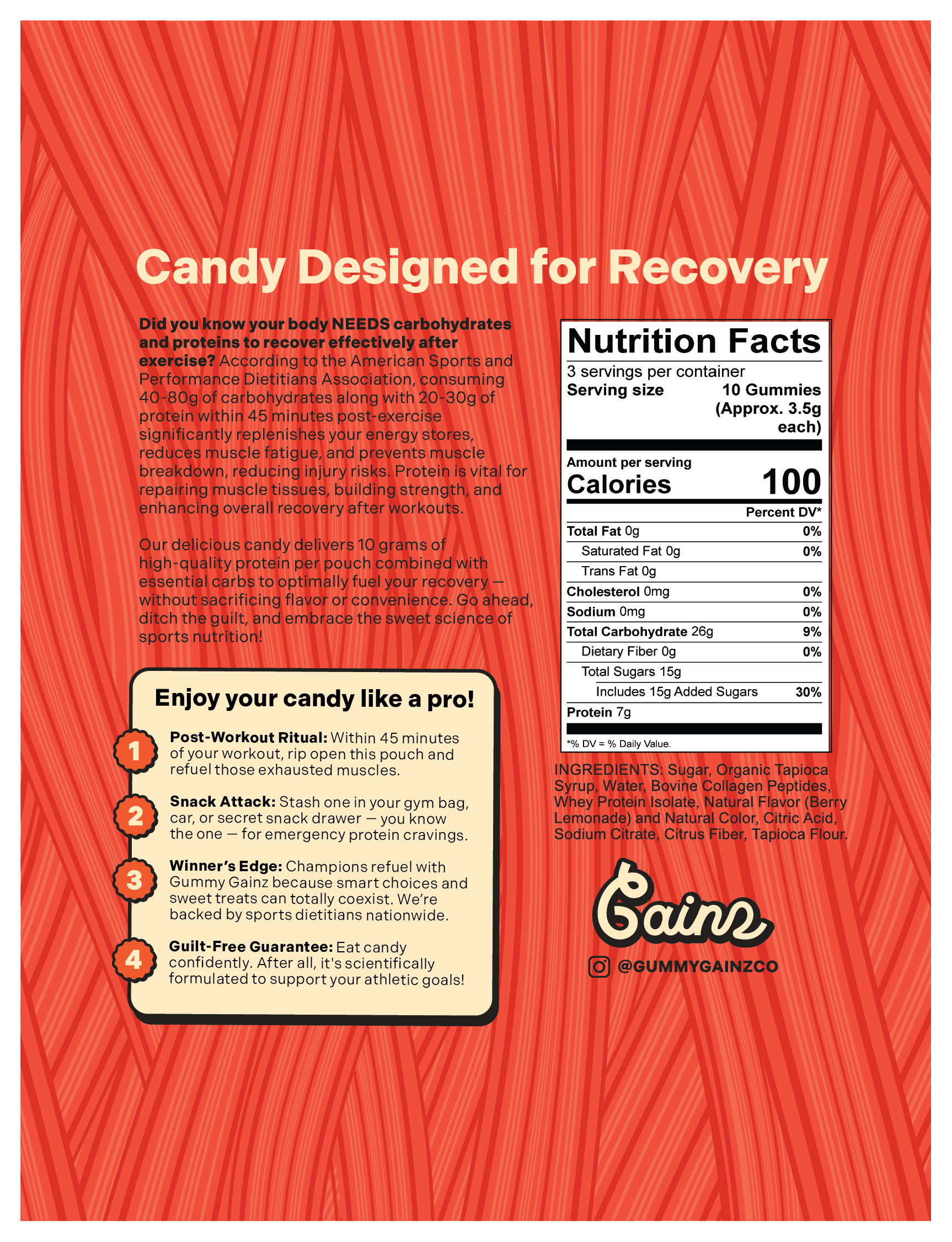 Candy packaging with nutritional information and recovery benefits on a red background